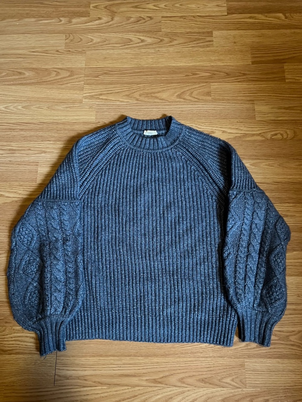 a.n.a Blue Ribbed Crewneck Sweater with Cable Sleeves